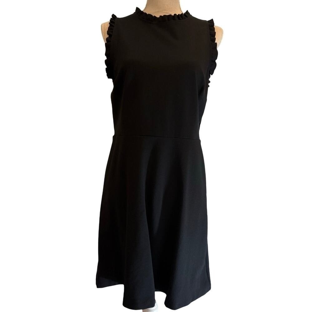 Women's Black‎ Ruffle Trim Sleeveless Fit Flare Dress Work Office Chic 10 Petite